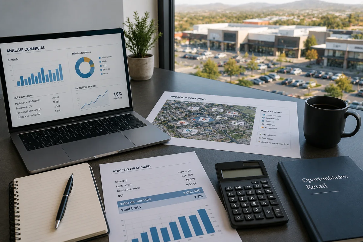 Análisis de un activo comercial con informes, plano y métricas